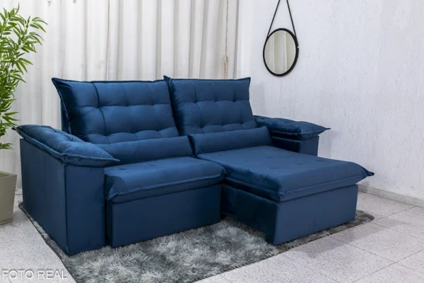 Sofá Retrátil Reclinável 2.00m Emanuelly Veludo Azul 03 D28 Soft