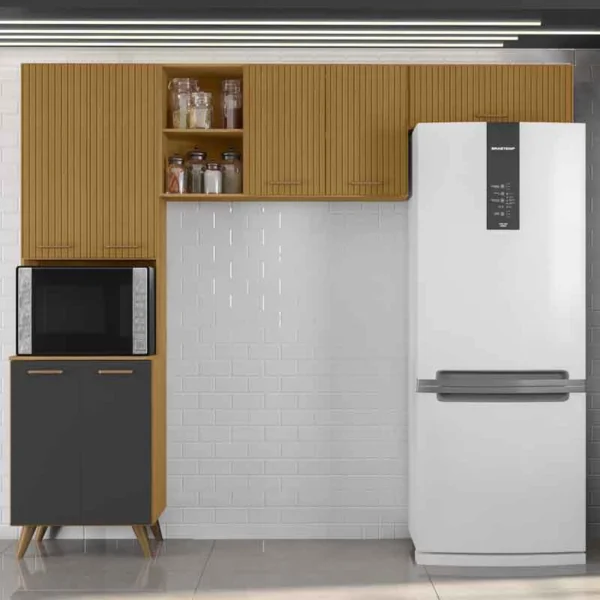 Armário Cozinha Olinda Ripado 3D 3 Peças Paneleiro + Aéreo 1.05m + Aéreo de Geladeira Freijó/Grafite