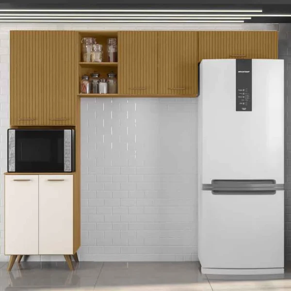 Armário Cozinha Olinda Ripado 3D 3 Peças Paneleiro + Aéreo 1.05m + Aéreo de Geladeira Freijó/Off