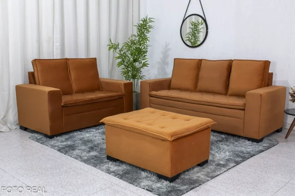Sofá 3 e 2 lugares França com Puff Veludo Terracota